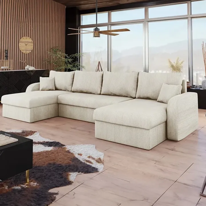Divano letto angolare velluto a coste beige 304x140cm con contenitore Assunta