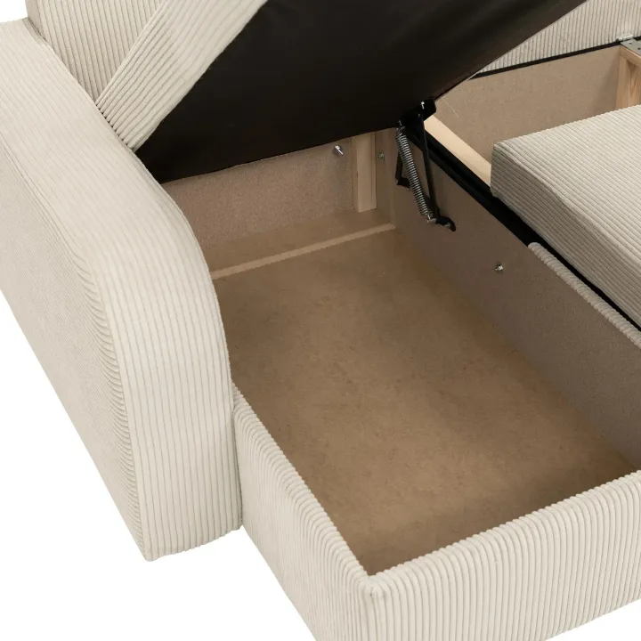 Divano letto angolare velluto a coste beige 304x140cm con contenitore Assunta