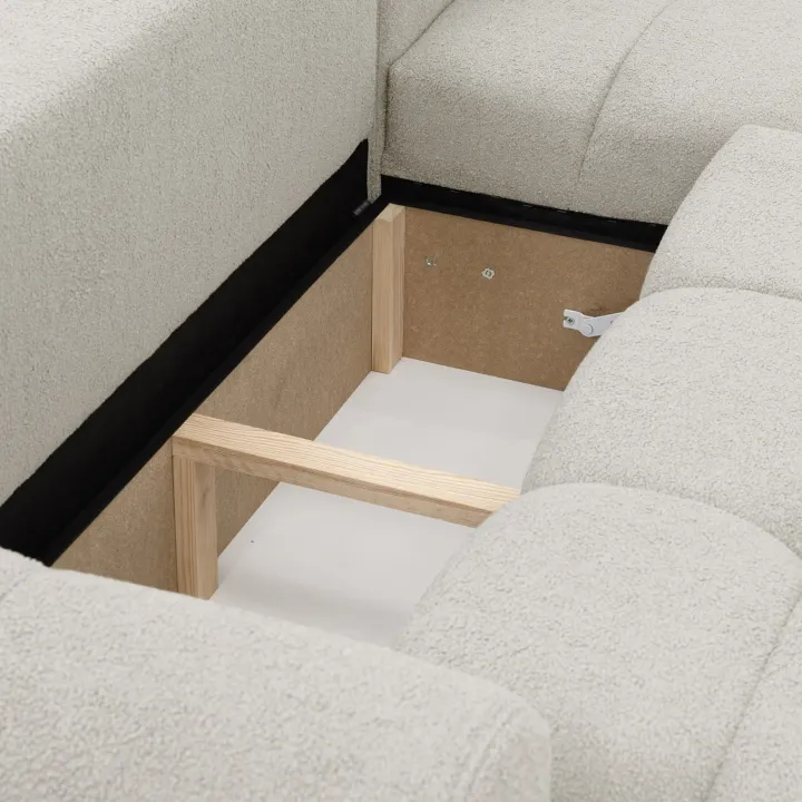 Divano letto con angolo a destra 4 posti 270x173cm con contenitore tessuto bouclé bianco crema Litos