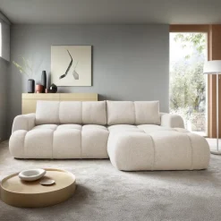 Divano letto con angolo a destra 4 posti 270x173cm con contenitore tessuto bouclé bianco crema Litos