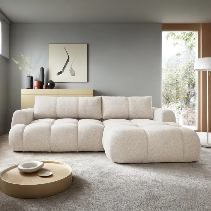 Divano letto con angolo a destra 4 posti 270x173cm con contenitore tessuto bouclé bianco crema Litos