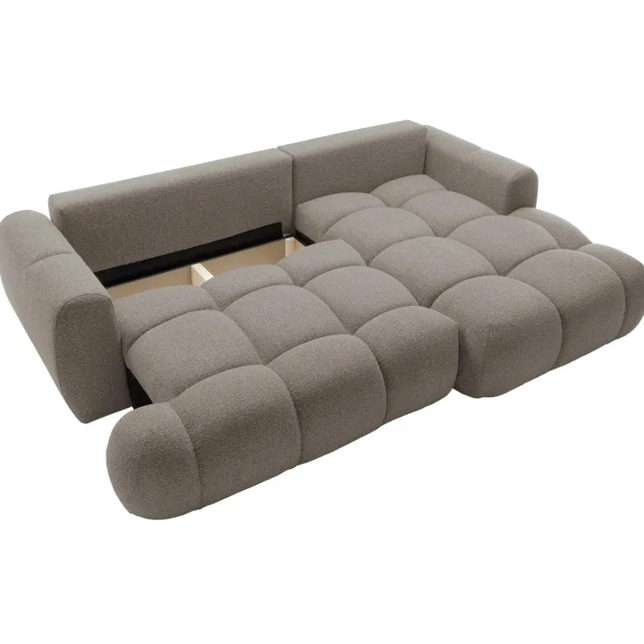 Divano letto con angolo a destra 4 posti 270x173cm con contenitore tessuto bouclé grigio tortora Litos