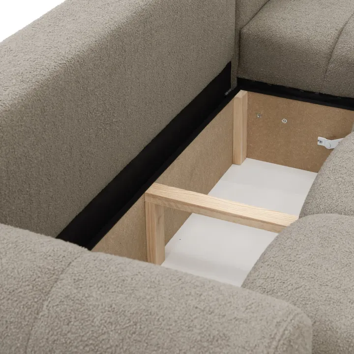 Divano letto con angolo a destra 4 posti 270x173cm con contenitore tessuto bouclé grigio tortora Litos