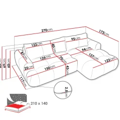 Divano letto con angolo a destra 4 posti 270x173cm con contenitore tessuto bouclé grigio tortora Litos