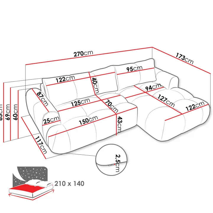 Divano letto con angolo a destra 4 posti 270x173cm con contenitore tessuto bouclé grigio tortora Litos