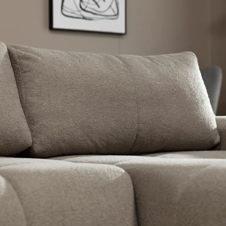 Divano letto con angolo a destra 4 posti 270x173cm con contenitore tessuto bouclé grigio tortora Litos