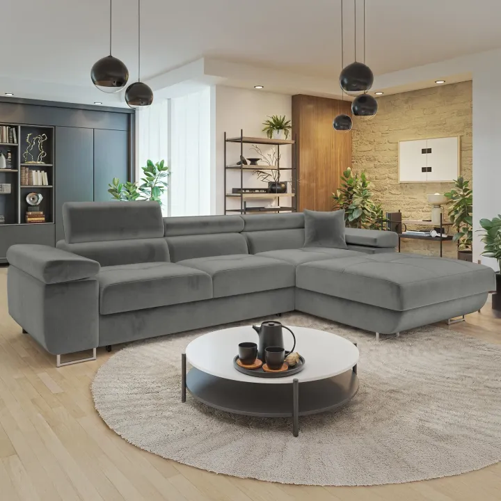 Divano letto con angolo a destra 4 posti 280x170cm box contenitore vellutato grigio Elvio