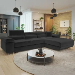 Divano letto con angolo a destra 4 posti 280x170cm box contenitore velluto nero Elvio