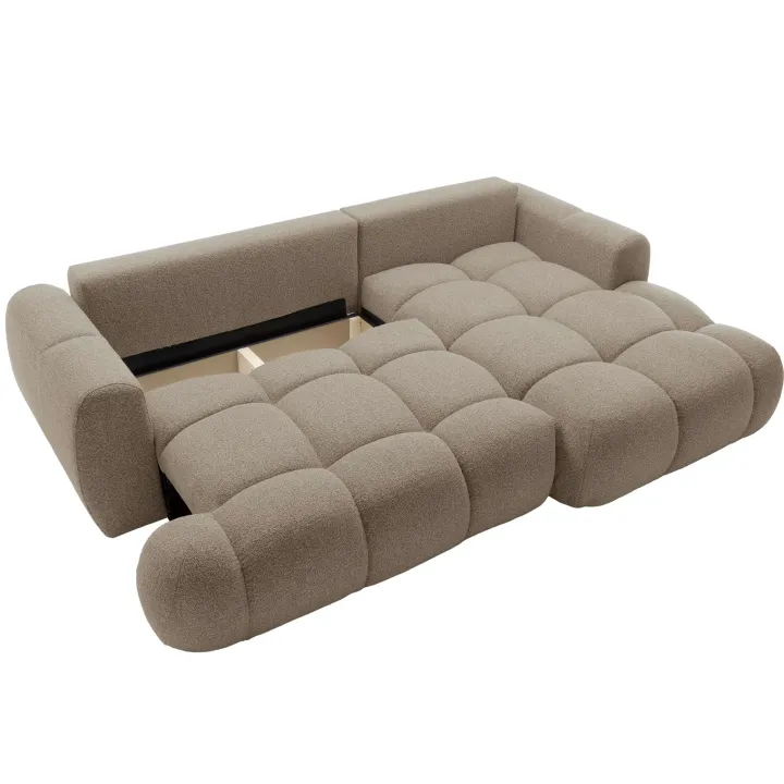 Divano letto con angolo a destra 4 posti 270x173cm con contenitore tessuto bouclé marrone chiaro Litos