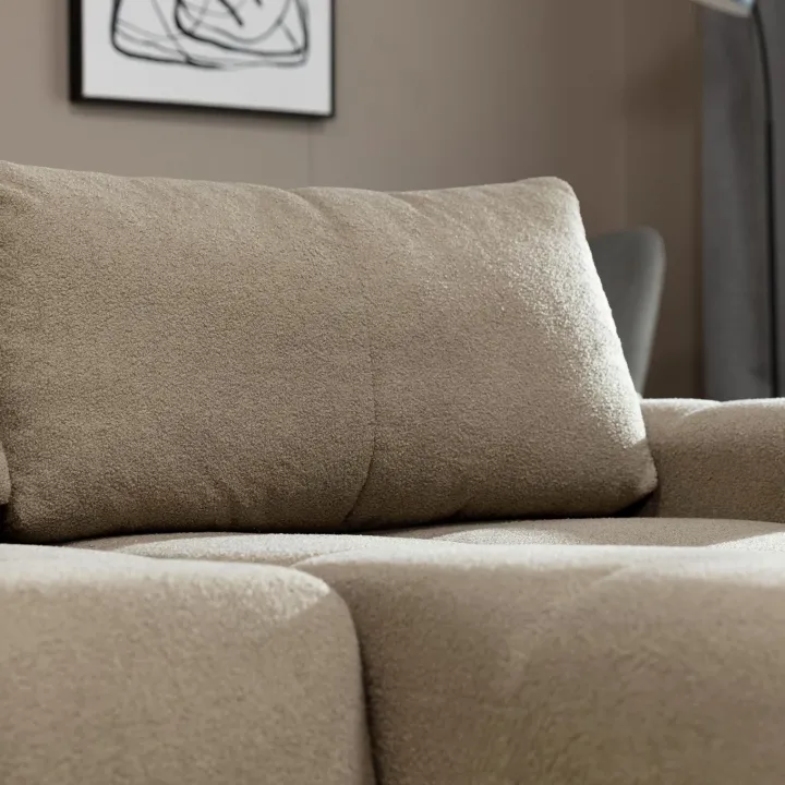 Divano letto con angolo a destra 4 posti 270x173cm con contenitore tessuto bouclé marrone chiaro Litos