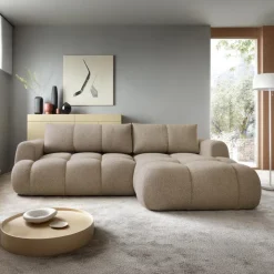 Divano letto con angolo a destra 4 posti 270x173cm con contenitore tessuto bouclé marrone chiaro Litos