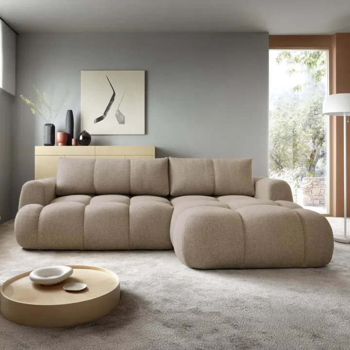 Divano letto con angolo a destra 4 posti 270x173cm con contenitore tessuto bouclé marrone chiaro Litos