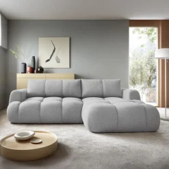 Divano letto con angolo a destra 4 posti 270x173cm con contenitore tessuto bouclé grigio chiaro Litos