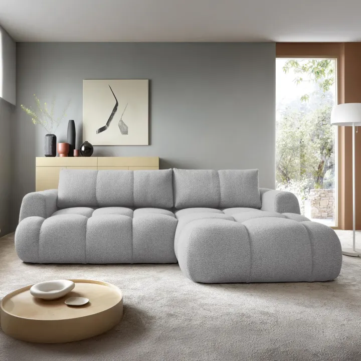 Divano letto con angolo a destra 4 posti 270x173cm con contenitore tessuto bouclé grigio chiaro Litos