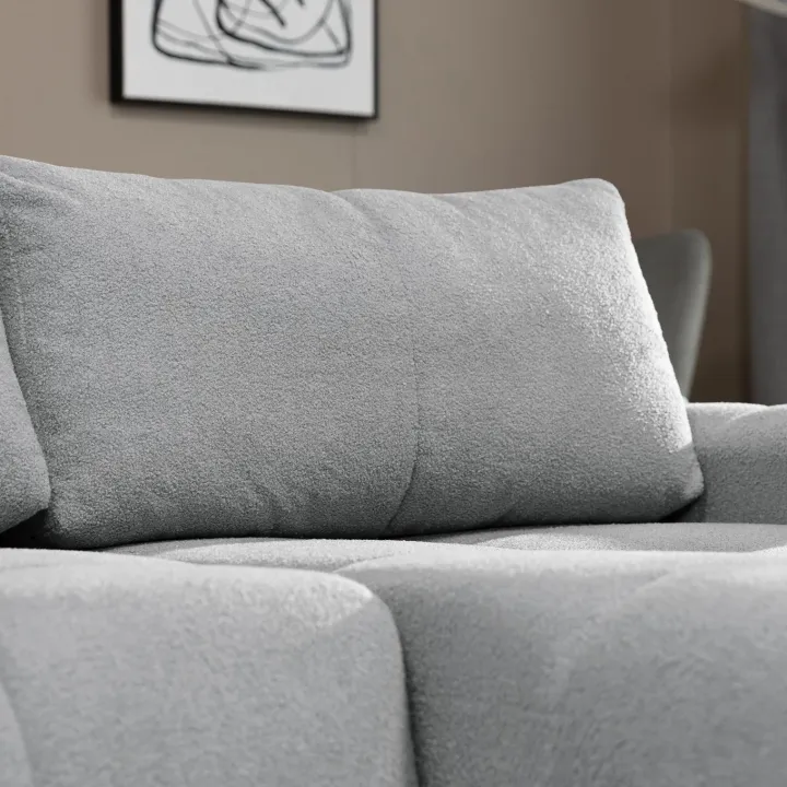 Divano letto con angolo a destra 4 posti 270x173cm con contenitore tessuto bouclé grigio chiaro Litos