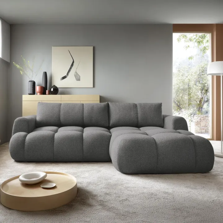 Divano letto con angolo a destra 4 posti 270x173cm con contenitore tessuto bouclé grigio scuro Litos