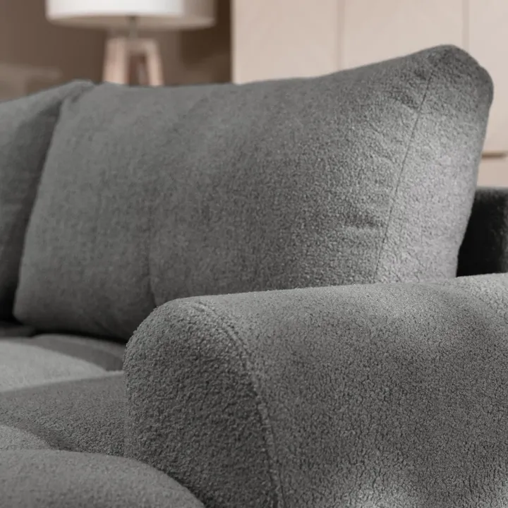 Divano letto con angolo a destra 4 posti 270x173cm con contenitore tessuto bouclé grigio scuro Litos