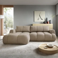 Divano letto con angolo a sinistra 4 posti 270x173cm con contenitore tessuto bouclé marrone chiaro Litos