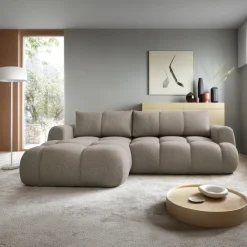 Divano letto con angolo a sinistra 4 posti 270x173cm con contenitore tessuto bouclé grigio tortora Litos