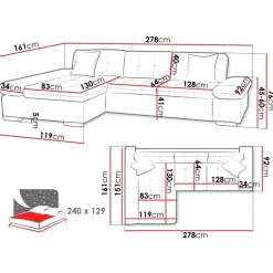 Divano letto con angolo a sinistra 4 posti 278x161cm contenitore grigio Zenia
