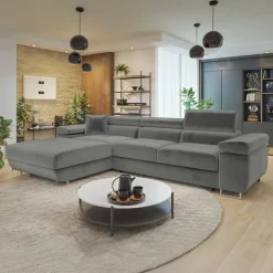 Divano letto con angolo a sinistra 4 posti 280x170cm box contenitore velluto grigio Elvio