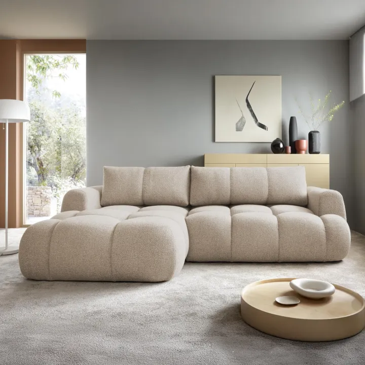 Divano letto con angolo a sinistra 4 posti 270x173cm con contenitore tessuto bouclé beige Litos
