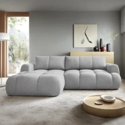 Divano letto con angolo a sinistra 4 posti 270x173cm con contenitore tessuto bouclé grigio chiaro Litos