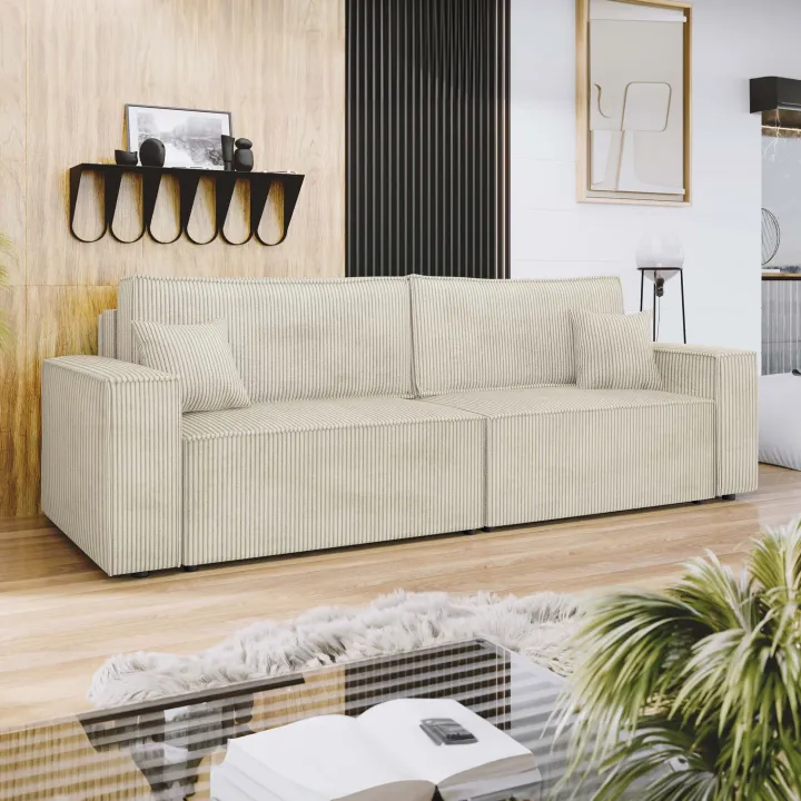 Divano letto matrimoniale 3 posti 245x90cm velluto a coste beige Ploffy