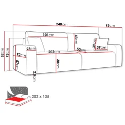 Divano letto matrimoniale 3 posti 248x90cm velluto a coste grigio Slurp
