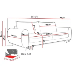 Divano letto matrimoniale 3 posti 251x95cm tessuto tortora Pluffy