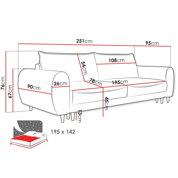 Divano letto matrimoniale 3 posti 251x95cm tessuto tortora Pluffy