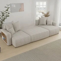 Divano letto panoramico 312x142cm velluto a coste con libreria a sinistra beige Mistery