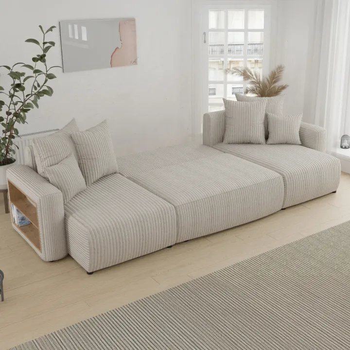 Divano letto panoramico 312x142cm velluto a coste con libreria a sinistra beige Mistery