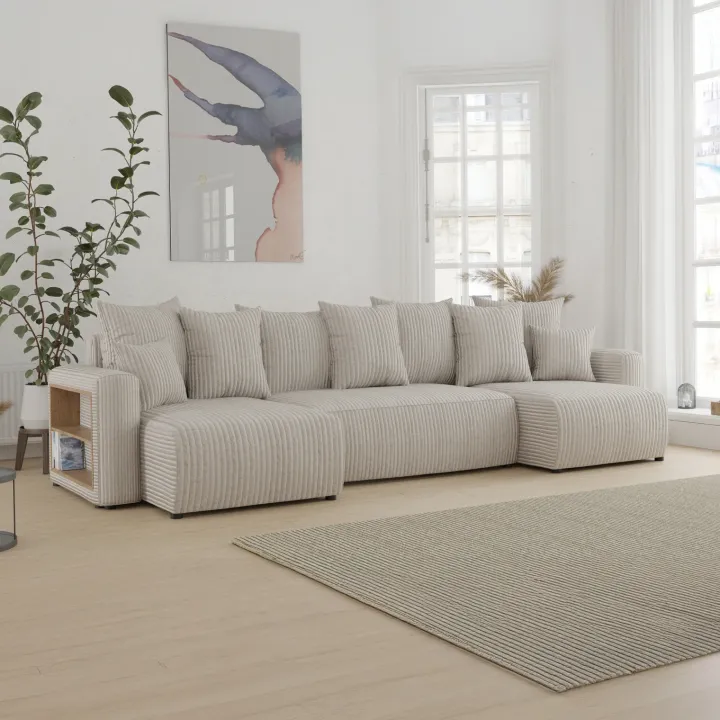 Divano letto panoramico 312x142cm velluto a coste con libreria a sinistra beige Mistery