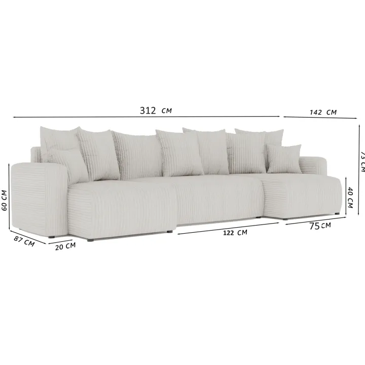 Divano letto panoramico 312x142cm velluto a coste beige Scintilla