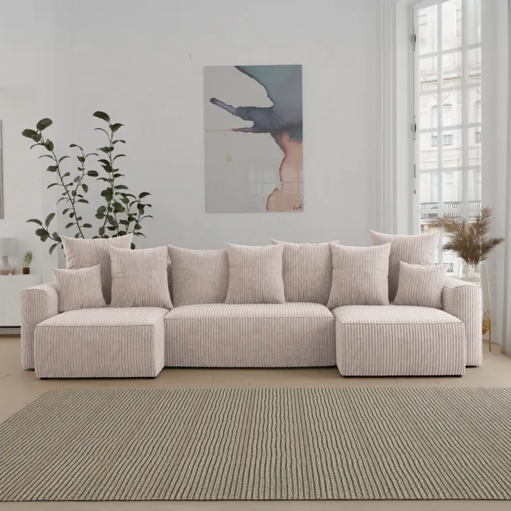 Divano letto panoramico 312x142cm velluto a coste beige Scintilla
