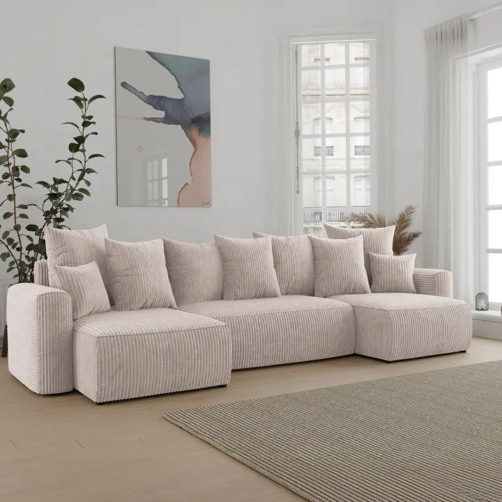 Divano letto panoramico 312x142cm velluto a coste beige Scintilla
