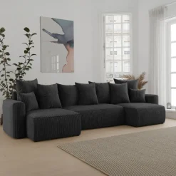 Divano letto panoramico 312x142cm velluto a coste nero Scintilla