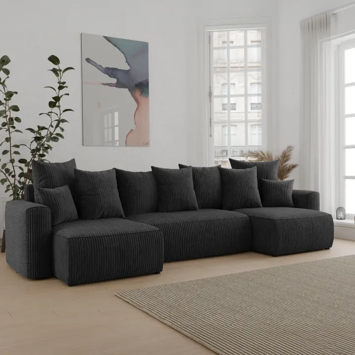 Divano letto panoramico 312x142cm velluto a coste nero Scintilla