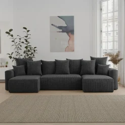 Divano letto panoramico 312x142cm velluto a coste nero Scintilla