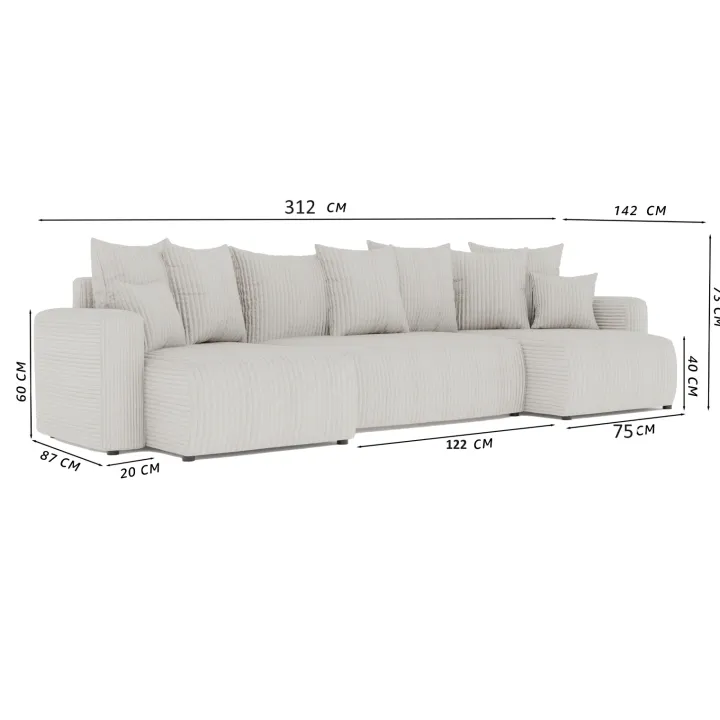 Divano letto panoramico 312x142cm velluto a coste nero Scintilla