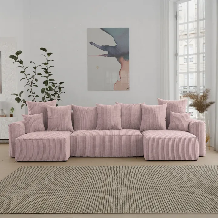 Divano letto panoramico 312x142cm velluto a coste rosa antico Scintilla