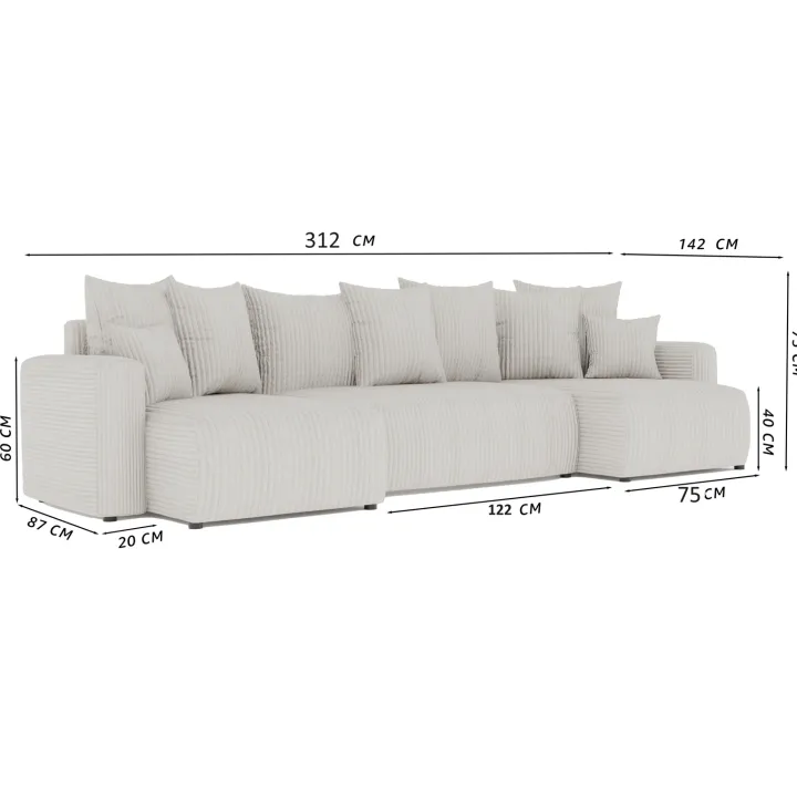 Divano letto panoramico 312x142cm velluto a coste rosa antico Scintilla