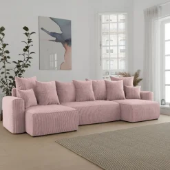 Divano letto panoramico 312x142cm velluto a coste rosa antico Scintilla