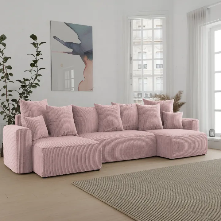 Divano letto panoramico 312x142cm velluto a coste rosa antico Scintilla