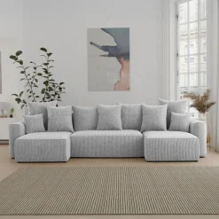 Divano letto panoramico 312x142cm velluto a coste grigio chiaro Scintilla
