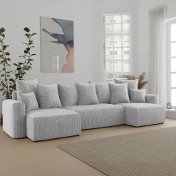 Divano letto panoramico 312x142cm velluto a coste grigio chiaro Scintilla