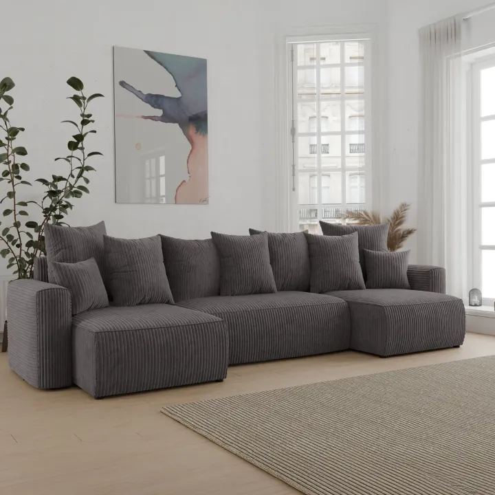 Divano letto panoramico 312x142cm velluto a coste antracite Scintilla