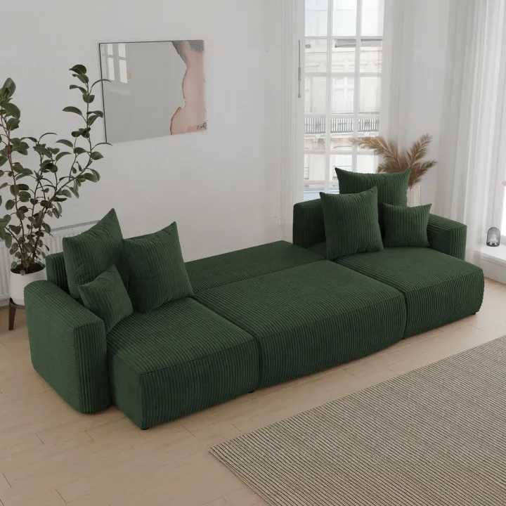 Divano letto panoramico 312x142cm velluto a coste verde scuro Scintilla