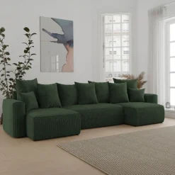 Divano letto panoramico 312x142cm velluto a coste verde scuro Scintilla